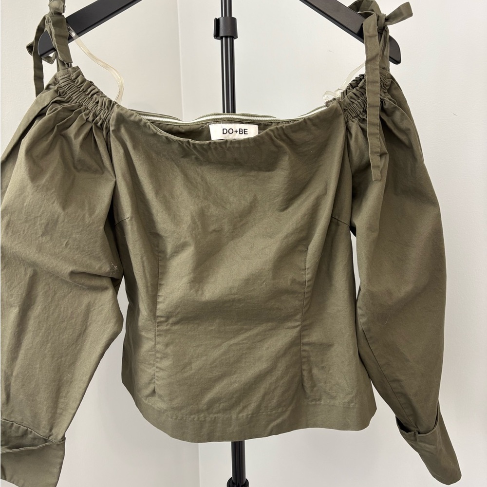 DO+BE Moss Green Off-the-Shoulder Puff Sleeve Tie-Strap Blouse (Size M) - Picture 2 of 5